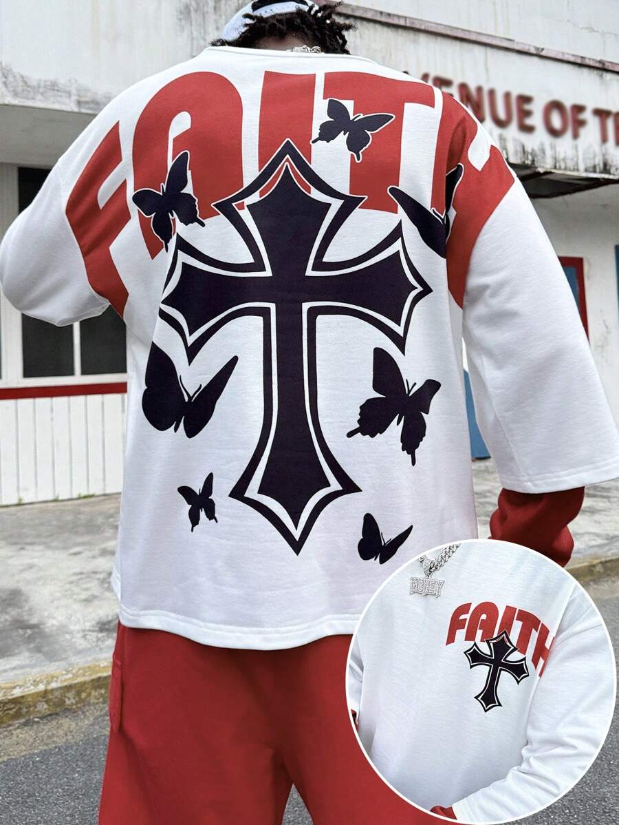 Men's Round Neck Patchwork 2 In 1 Cross & Text Print Hooded Sweatshirt, Street Fashion - Multicolor - View 1