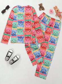 Conjunto de ropa de estar por casa con cuello redondo con estampado de oso lindo para niñas grandes