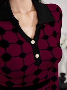 Modelyn Women's Elegant Oversized Pattern V-Collar Flared Maxi Sweater Dress - Burgundy - View 8