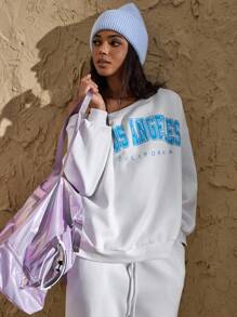 VARSITIE Solid Color Zip-Up Dropped Shoulder Casual Loose Women Sweatshirts - White - View 1