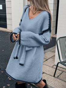 Calvaya 1pc Women's Two Tone Edge Loose Deep V Neck Drop Shoulder With Belt Dress, Autumn/Winter