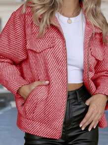 Chiquease 女士休闲人字纹长袖秋冬夹克新年衣服 - 紅色 - 查看 1