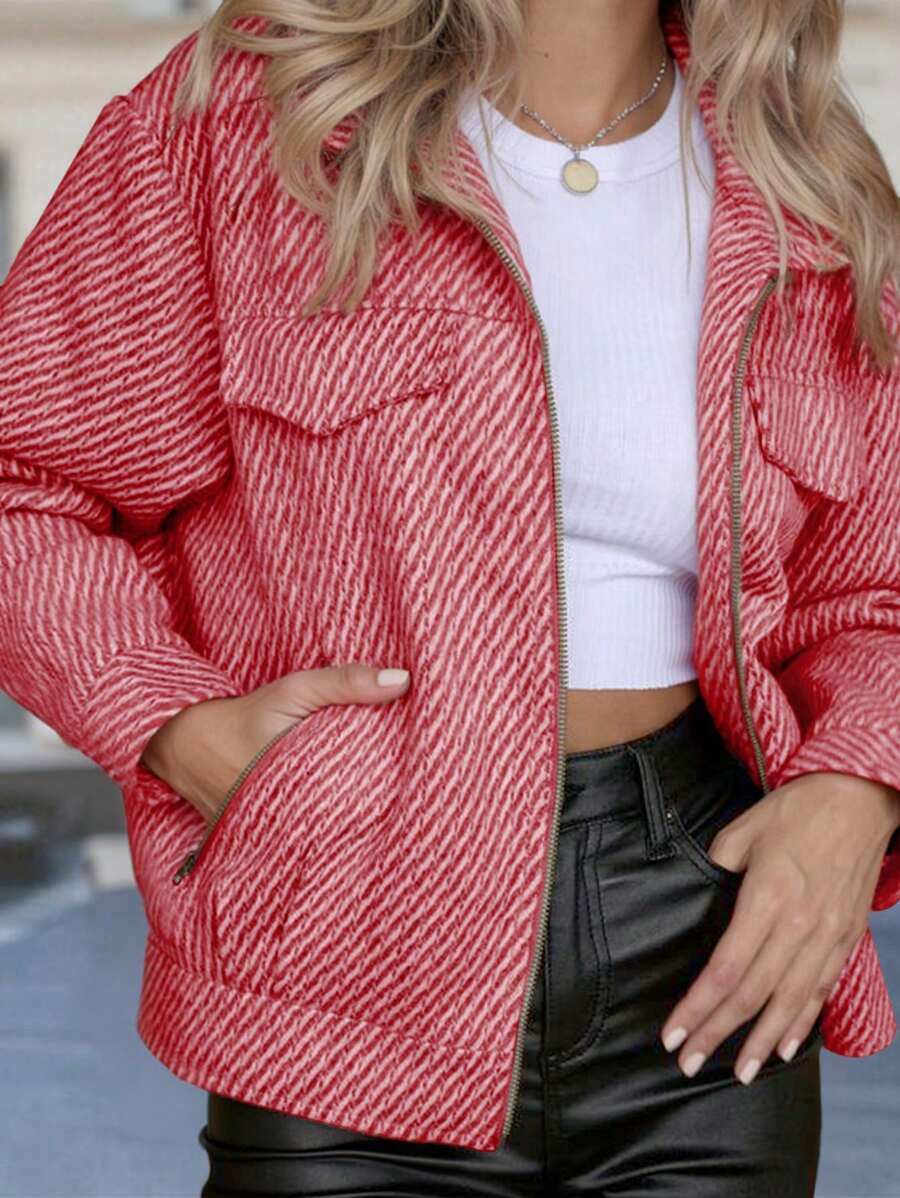 Chiquease 女士休闲人字纹长袖秋冬夹克新年衣服 - 紅色 - 查看 1