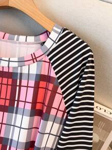 SHEIN LUNE Plus Size Graphic And Striped Print Round Neck Casual Versatile Long Sleeve Dress Fall Cloth For Women - Multicolor - View 3