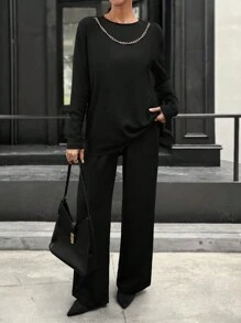 RueChic RELAXED LONG SLEEVE WITH CHAIN & PANT - Black - View 6