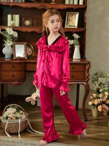 Girls Velvet Solid Color With Lace Trim Long Pants & Long Sleeve Casual Comfortable 2 Pieces Pajama Set