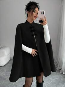 Selianne 优雅立领拼色中国风纽扣装饰斗篷长袍女士加厚秋冬披肩连衣裙外套女冬装 - 黑色 - 查看 5
