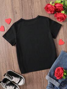 SHEIN 年轻男孩休闲汽车和心形字母印花 T 恤 - 黑色 - 查看 3