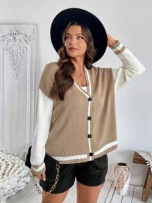 SHEIN Clasi 大码女式条纹装饰口袋开衫毛衣商务休闲女士、工作服、秋季婚礼宾客礼服，适合冬季 - 卡其色 - 查看 6