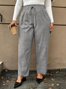SHEIN VCAY Plus Size Women Vintage Plaid Print Tie-Front Loose Straight Leg Pants
