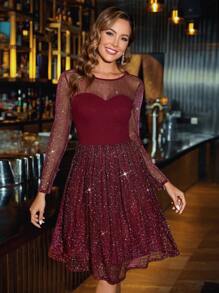 SHEIN Clasi Vestido de malla transparente de longitud hasta la rodilla, de manga larga con brillo en color burdeos, adecuado para fiestas, reuniones y uso diario. Ropa para Navidad, atuendo para Acción de Gracias, vestido de Navidad, vestido de Nochevieja para mujer - Burdeos - Ver 6