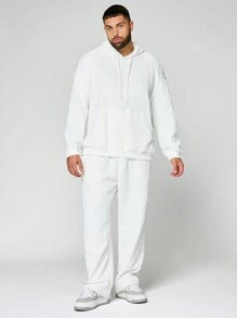 Manfinity NXTstreet 2pcs Plus Size Men's Casual White Cable Knit Long Sleeve Hoodie Sweatshirt And Pants Set