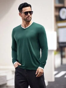 Manfinity Homme Men Casual Everyday Cotton Simple Contrast Binding Long Sleeve T-Shirt, Spring/Autumn, For Gym - Green - View 5