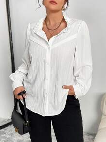 Celure Camisa informal con botones y volantes de manga larga en unicolor para mujer talla grande