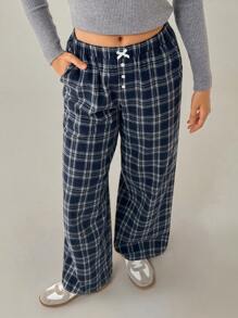 Forever 21 女士格纹直筒宽松休闲裤，带蝴蝶结装饰腰部口袋 - 彩色 - 查看 3