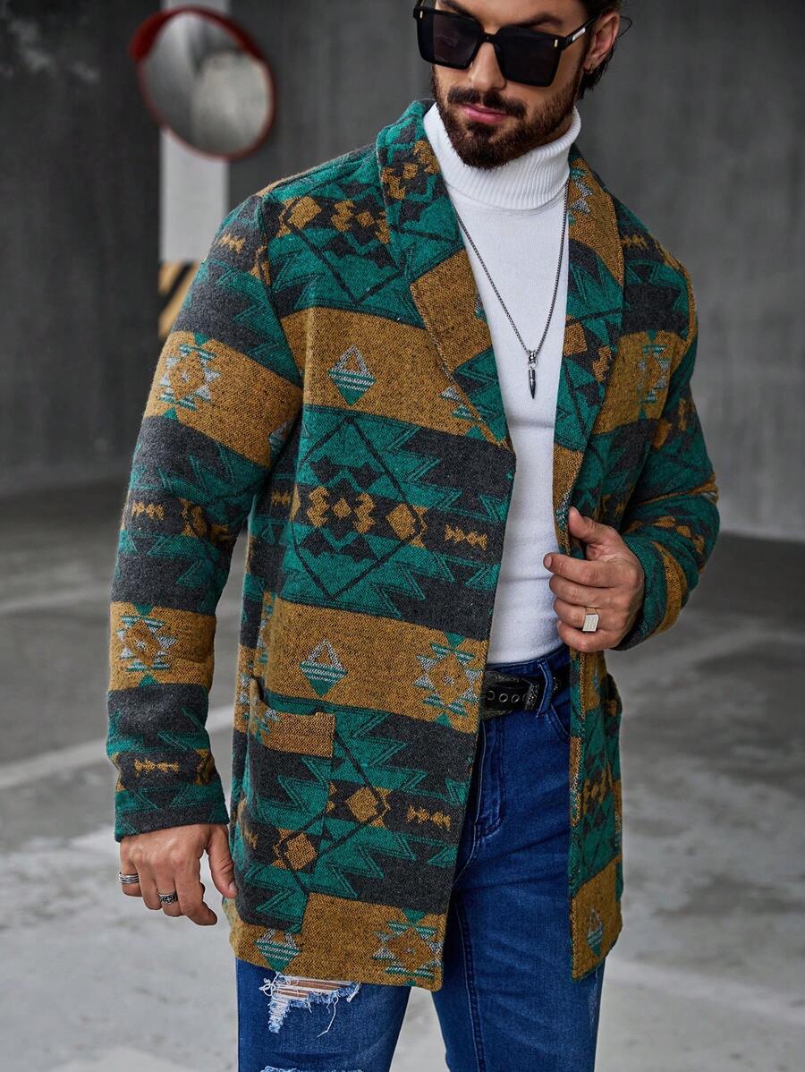 Manfinity Homme 男士几何图案长袖立领夹克外套秋冬季外出轻便彩色图案休闲夹克送给朋友、丈夫、男朋友的礼物 - 彩色 - 查看 1