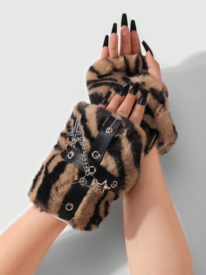 Grunge Punk 1 par de guantes sin dedos con cadena de estrella hueca y estampado de leopardo con textura suave de color marrón en estilo retro y elegante Y2K, adecuados para pantalla táctil, escritura y oficina, en empaque de caja de regalo para uso diario de mujeres/damas en invierno