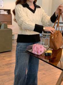 DAZY 女士 V 领撞色休闲长袖毛衣，秋冬，秋季女装 - 杏色 - 查看 1