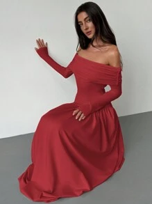 Aloruh 全新杏色露肩收腰高弹力修身 A 字长袖连衣裙，适合秋冬季，百搭红色连衣裙>袖子红色露肩 - 紅色 - 查看 6