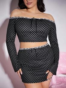 SHEIN SXY Plus Size Women Polka Dot Off-Shoulder Long Sleeve Crop Tops And Bodycon Mini Skirt 2 Pieces Set, Autumn Fashion