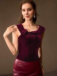 MOTF PREMIUM VELVET ASYMMETRICAL NECK STEREO FLOWER SLIM FIT BLOUSE