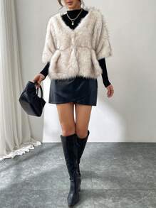 SHEIN Privé Women Winter Solid Color Open Front Short Loose Fluffy Jacket - Coffee Brown - View 8