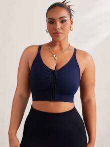 Easithlete Plus Size Women's Minimalist Solid Color Front Zip Sports Bra - Navy Blue - View 6