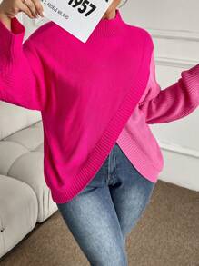 Calvaya 1 件大码撞色裹身立领长袖套头毛衣，适合冬季