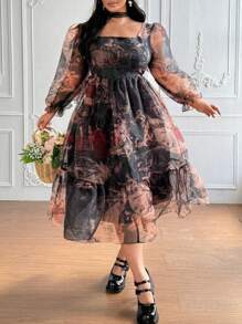 Flirla 加大码优雅油画花卉印花收腰欧根纱连衣裙，秋季长款女装 - 彩色 - 查看 4