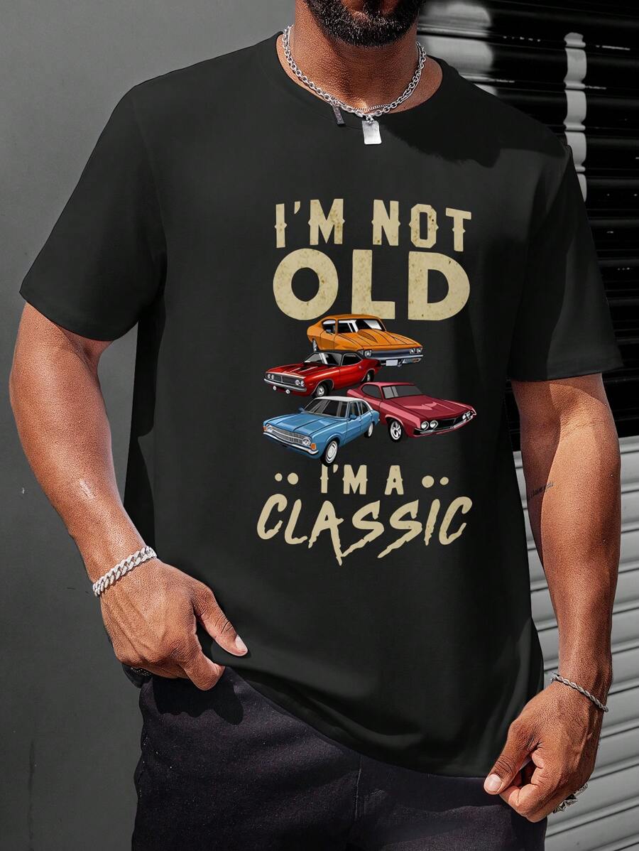 Manfinity Homme 大码男士休闲简约时尚图案短袖 T 恤，日常外出街头穿着 - 黑色 - 查看 1