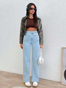 EURMUSE Casual Washed High Waist Straight Leg Jeans - Medium Wash - View 3