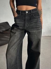 DAZY 女士喇叭形做旧直筒牛仔裤 - 深灰色 - 查看 7