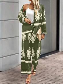 SHEIN LUNE 2 件套女士休闲随机印花长袖衬衫上衣和长裤，简约时尚，适合日常穿着 - 軍綠色 - 查看 3