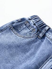 Sparklyn Teen Girl Casual Stone Washed Elastic Waist Wide Leg Baggy Jeans, School, Campus, College - Dark Wash - View 4