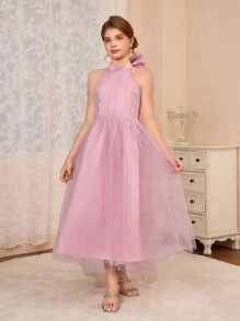 SHEIN Girl's Elegant Luxury Pink Oversized Bow Back Long Formal Dress, Suitable For Party, Banquet, Evening, Christmas, Halloween, Thanksgiving, Wedding And Other Occasions - Pink - View 2