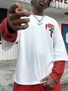 Men's Round Neck Patchwork 2 In 1 Cross & Text Print Hooded Sweatshirt, Street Fashion - Multicolor - View 6