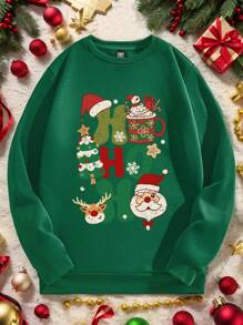 Manfinity EZcore Men Loose Fit Crew Neck Sweatshirt With Thermal Lined, Standard Sizing, In Dark Green, Christmas - Dark Green - View 1