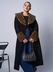 SHEIN EZwear 大码蓬松领棕色外套，秋冬 - 黑色 - 查看 5