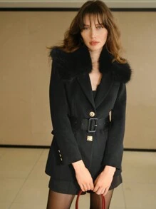 MOTF STUDIO 羊毛可拆卸毛绒领扣腰带西装外套，新年款 - 黑色 - 查看 8