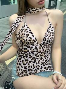 INAWLY Atasan Wanita Ukuran Plus Modis Seksi Motif Leopard Leher Halter Motif Cheetah - MultiWarna - View 3