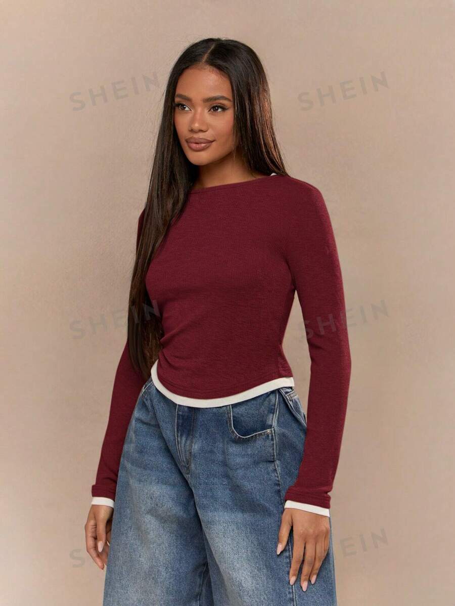 MISSGUIDED Camiseta ajustada de manga larga, cuello redondo, con doble capa de costillas