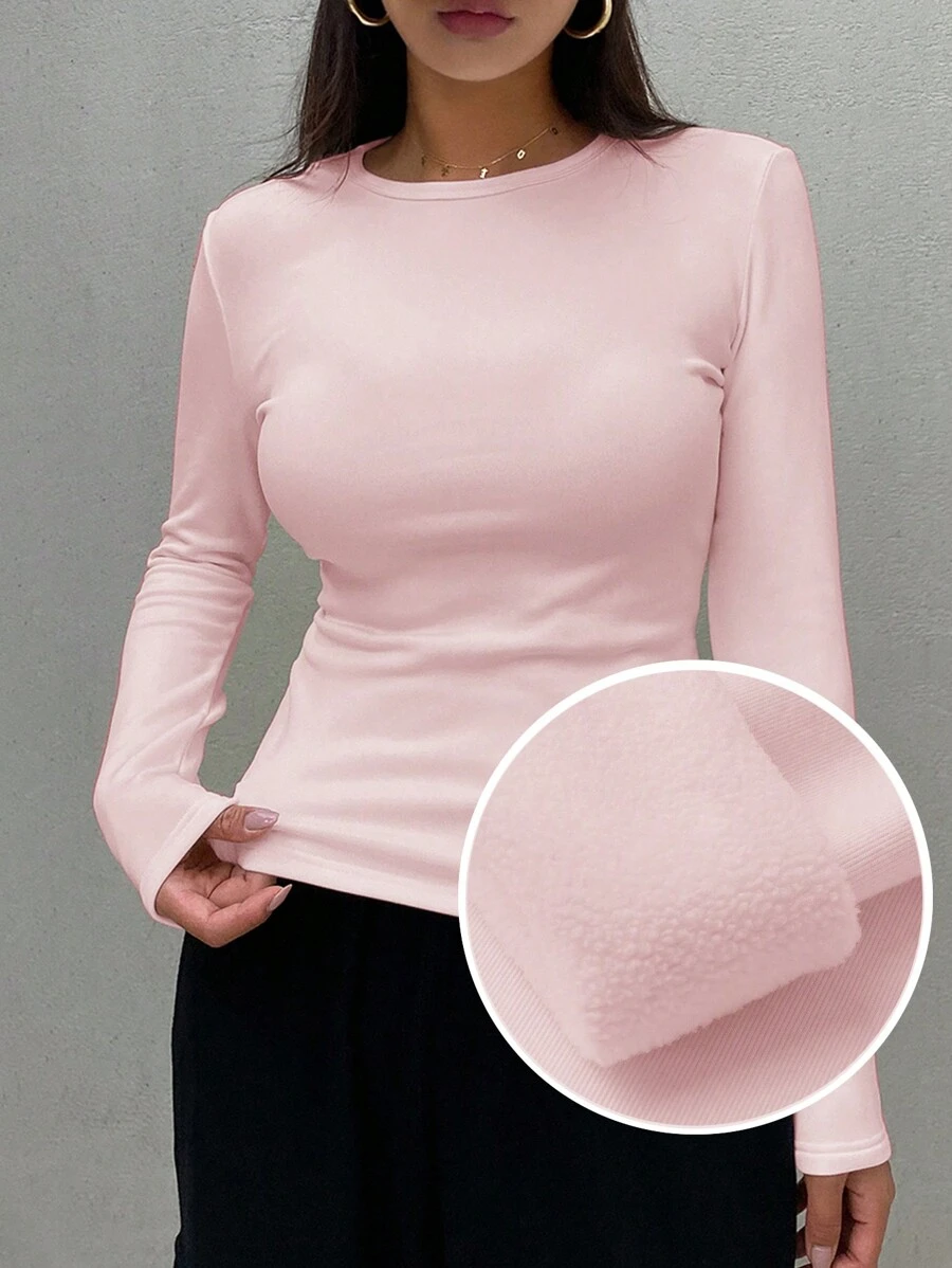 DAZY 女士休闲街头风保暖修身长袖T恤，秋冬季，带保暖内衬 - 粉色 - 查看 1
