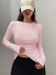 DAZY 女士休闲街头风保暖修身长袖T恤，秋冬季，带保暖内衬 - 粉色 - 查看 4