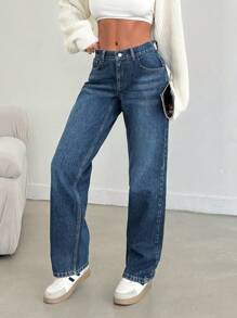 EURMUSE Pantalón vaquero recto con cintura baja y banda elástica - Azul lavado medio - Ver 1