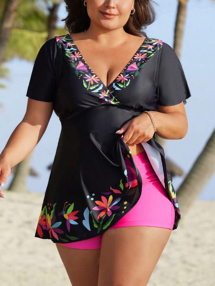 SHEIN Plus Size Short Sleeve Printed Split Tankini For Women Summer - Multicolor - View 1