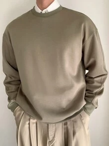DAZY Jersey de cuello redondo de manga larga casual y holgado de unicolor para hombre, adecuado para otoño/invierno