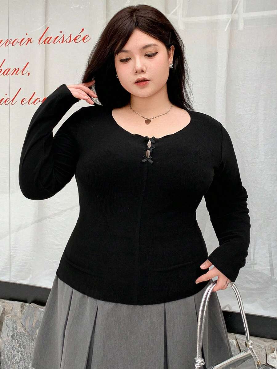 Dazy Plus Plus Size Round Neck Bow Decor Slim Fit Long Sleeve T-Shirt, Spring/Summer, Fall Clothes - Black - View 1
