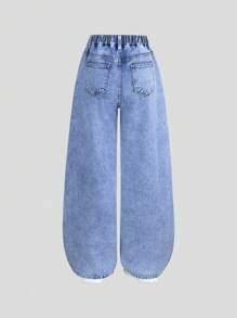 Sparklyn Teen Girl Casual Stone Washed Elastic Waist Wide Leg Baggy Jeans, School, Campus, College - Dark Wash - View 2