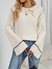 SHEIN LUNE Áo len nữ dài tay cổ tròn phối màu, chất liệu gân nổi, thích hợp mặc mùa thu đông. - Nhiều màu - Xem 3