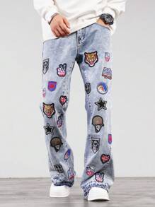 Chillumni Men's Front Button Pocket Simple Casual Denim Straight Flared Trousers - Medium Wash - View 3